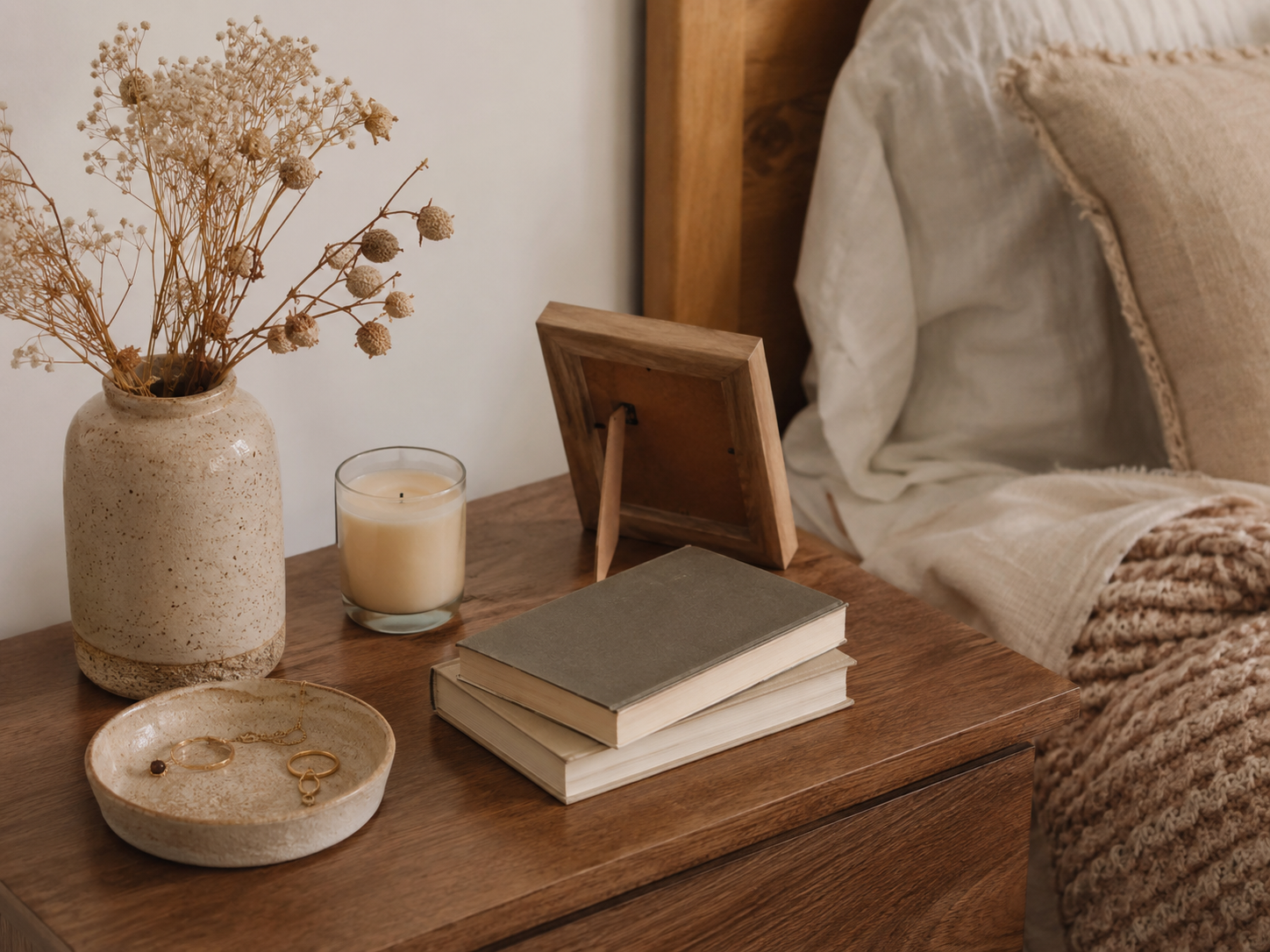 Personal cozy bedroom decor detail with books, candle, ceramic jewelry dish, framed photo, handmade vase, and soft blanket
