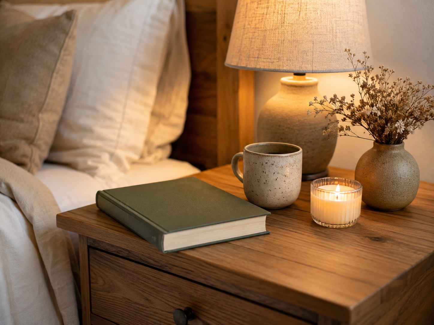Warm bedroom bedside table with a lamp, closed book, ceramic mug, candle, tiny vase, and soft bedding nearby
