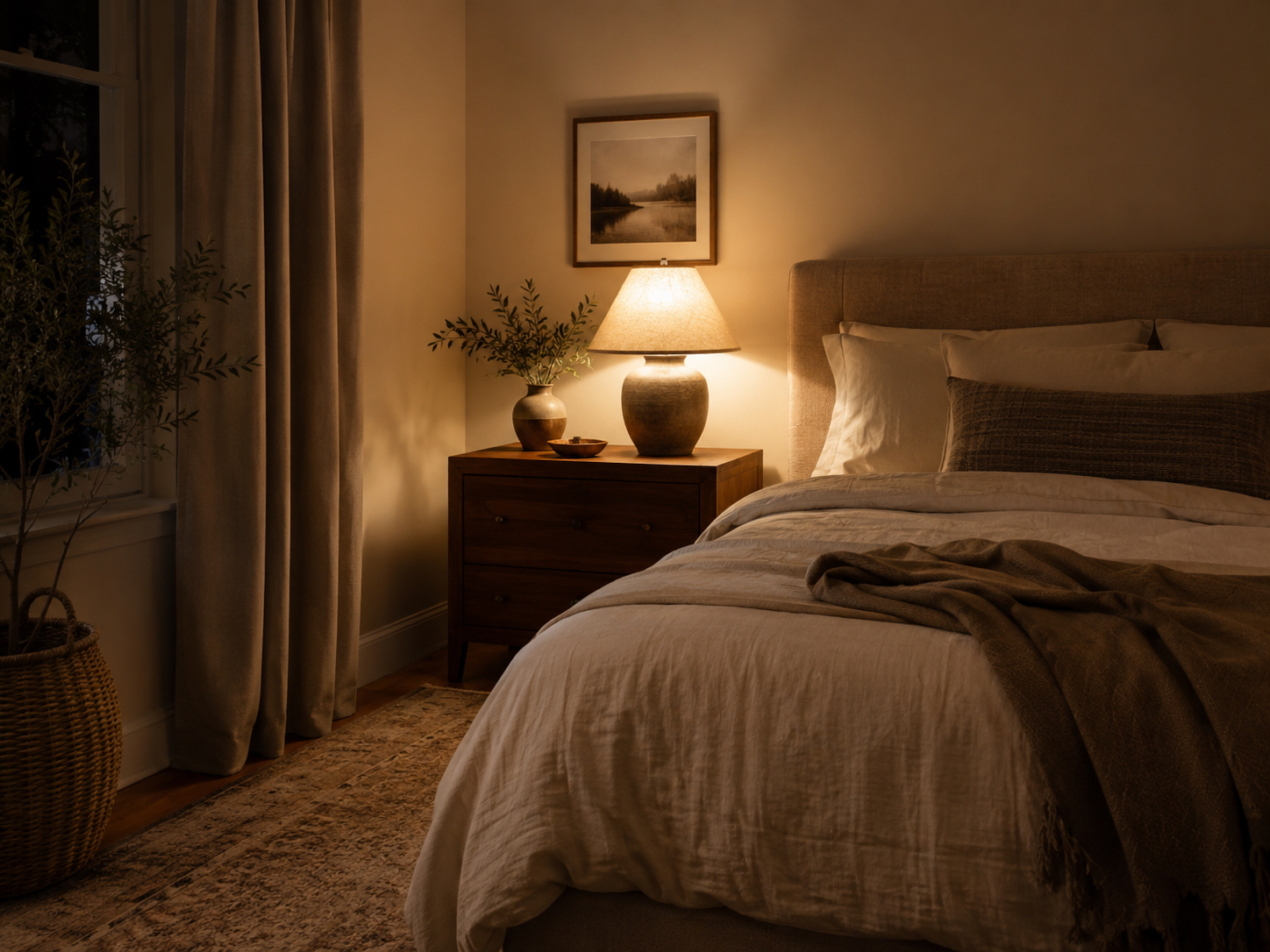 Evening bedroom with neutral bedding, glowing bedside lamp, soft shadows, framed print, throw blanket, and textured rug