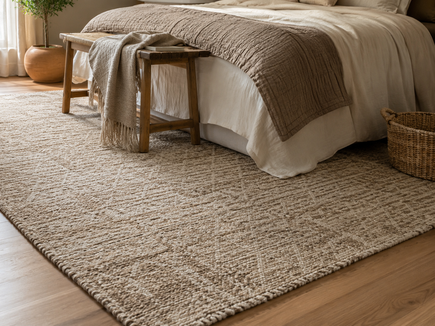 Lower half of cozy bed with cream bedding, taupe blanket, wood flooring, textured rug, bench, and woven basket