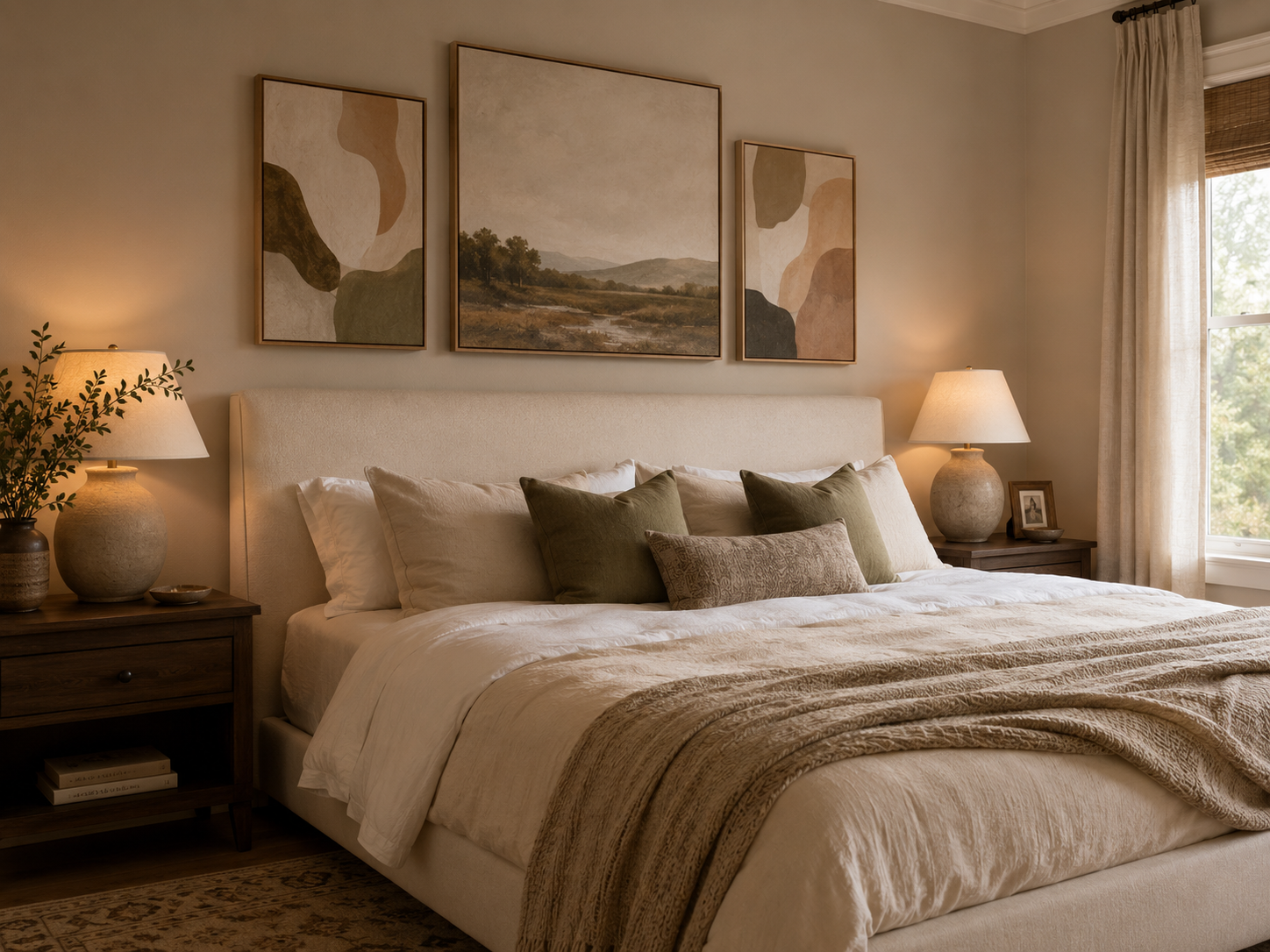 Warm bedroom with cream upholstered bed, soft bedding, framed art above the headboard, and balanced bedside lamps