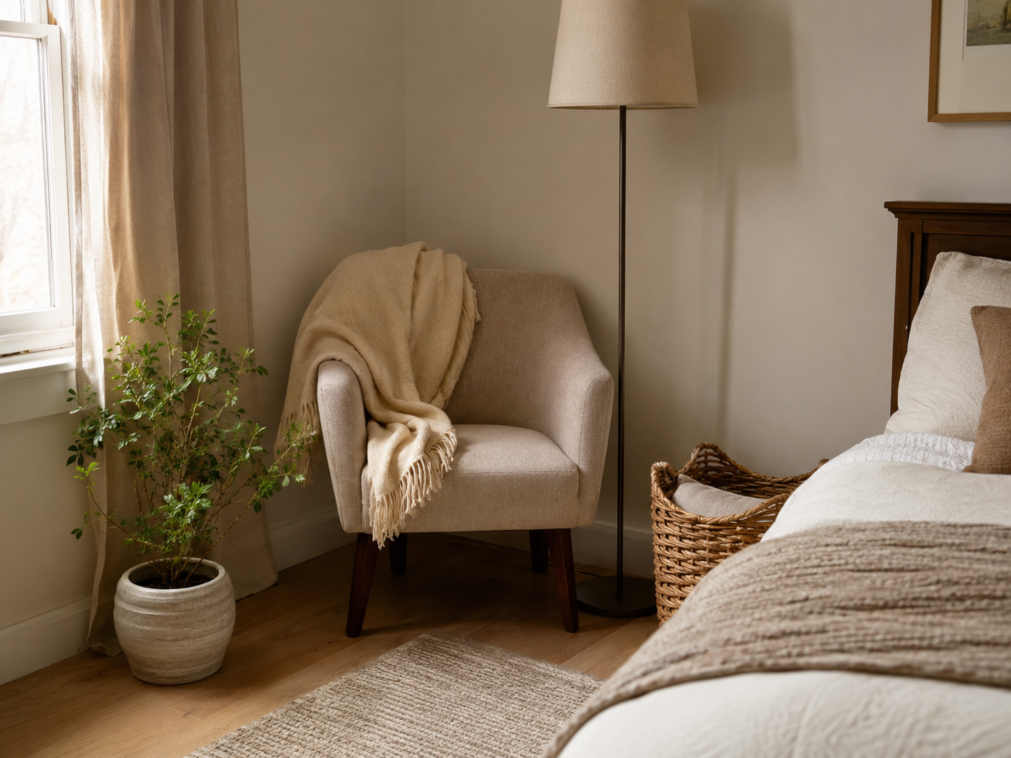 Small warm bedroom corner with an accent chair, throw blanket, plant, woven basket, floor lamp, and partial bed view