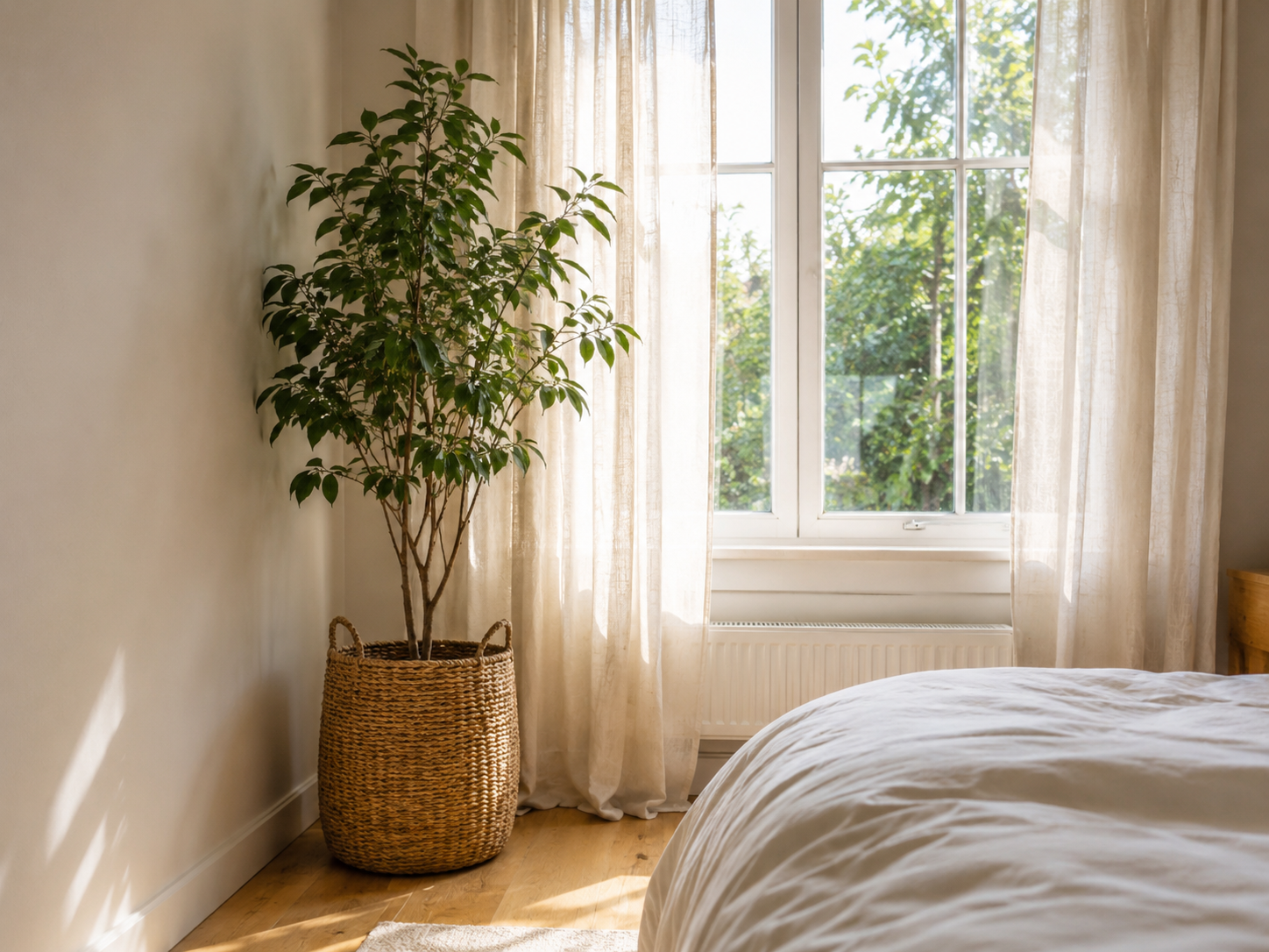 Tall leafy plant near soft linen bedroom curtains with warm daylight, cream walls, wood floor, and woven basket planter