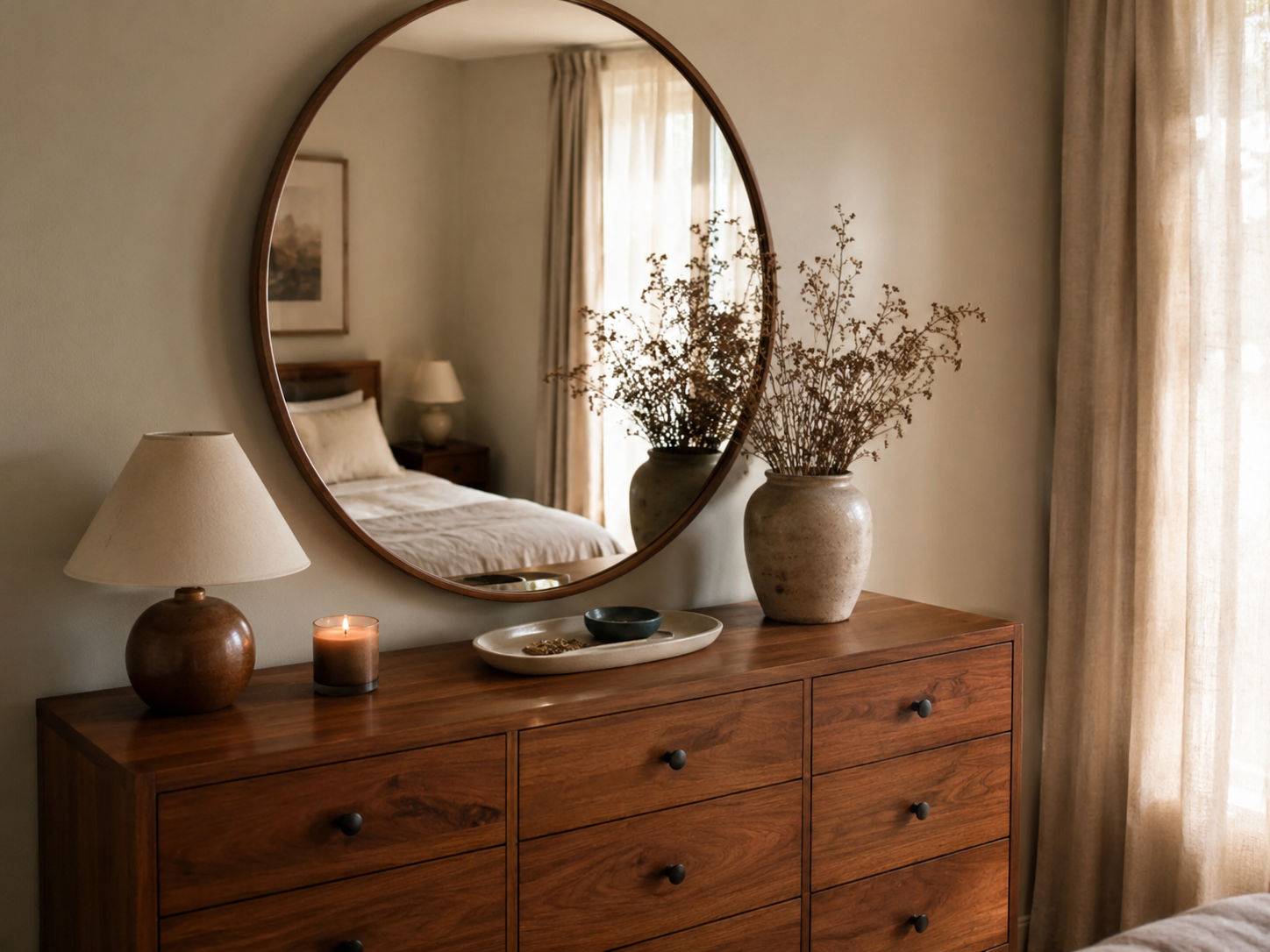 Warm wood bedroom dresser with round mirror, lamp, ceramic vase with dried branches, candle, and tray