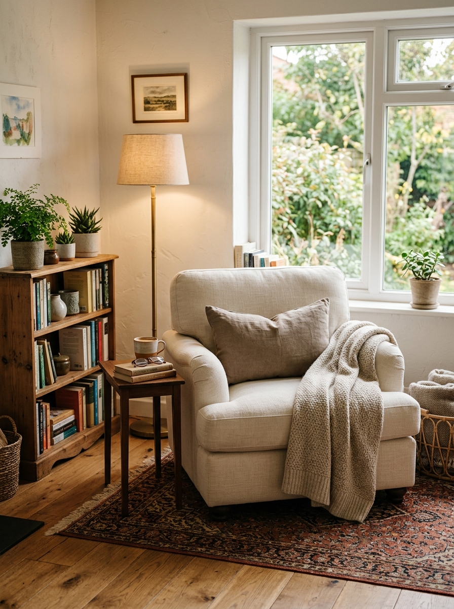 Cozy reading corner with oversized cream upholstered chair, taupe pillow, oatmeal throw, slim wood side table, floor lamp, and nearby books