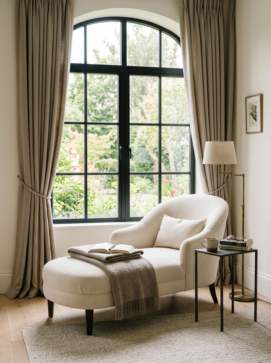 Window-side reading nook with curved cream chaise lounge, slim side table, floor lamp, folded blanket, full-height curtains, pale rug, and book stack