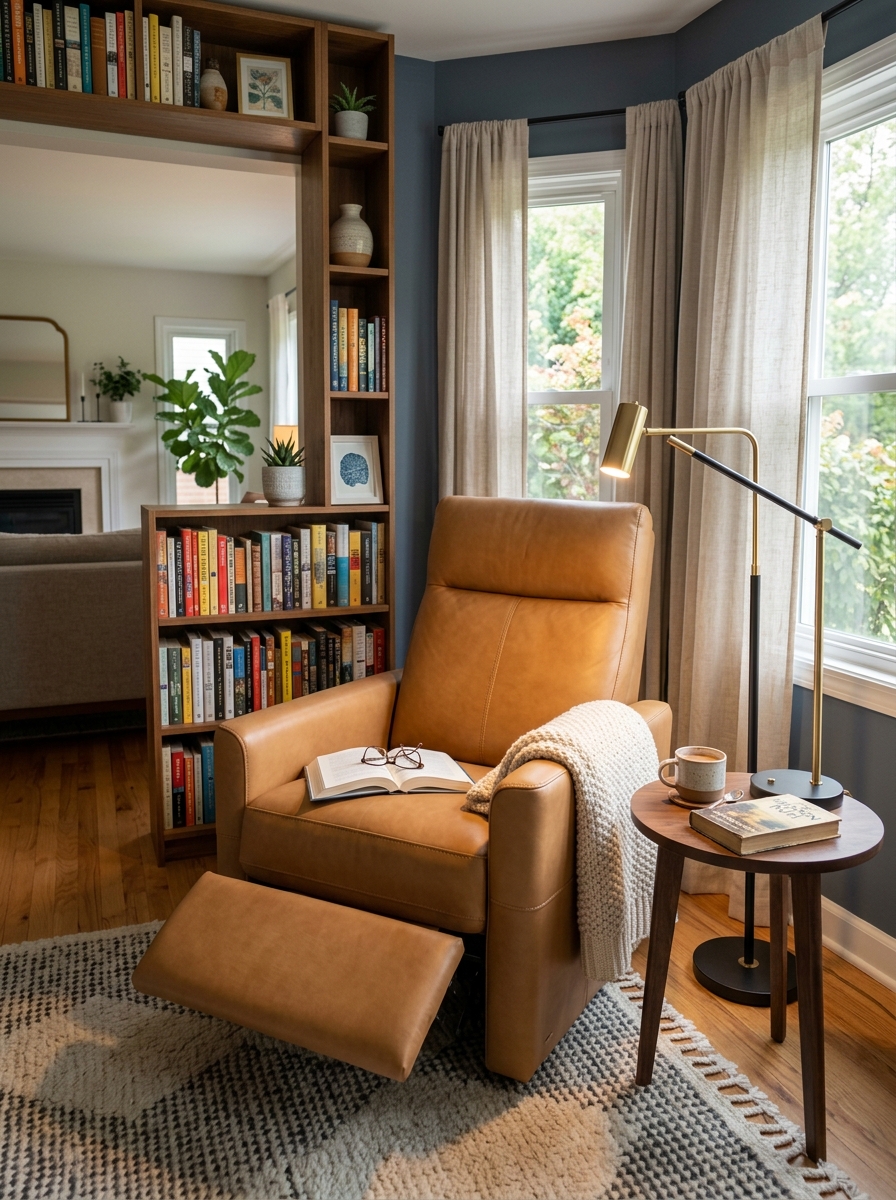 Modern reclining reading chair in cozy living room corner with streamlined camel upholstery, wood table, adjustable reading lamp, and bookcase