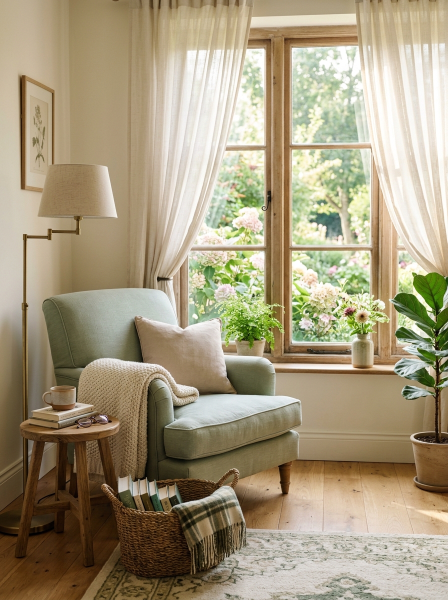 Cozy bedroom reading chair with soft dusty blue armchair, warm wood side table, floor lamp, cream upholstered bed, linen curtains, and basket of books
