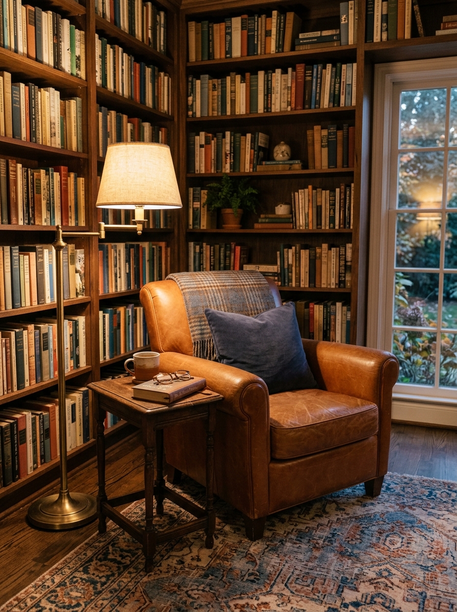 Bright window-side reading chair with pale sage armchair, sheer ivory curtains, round oak table, slim floor lamp, basket of books, folded throw, and garden view