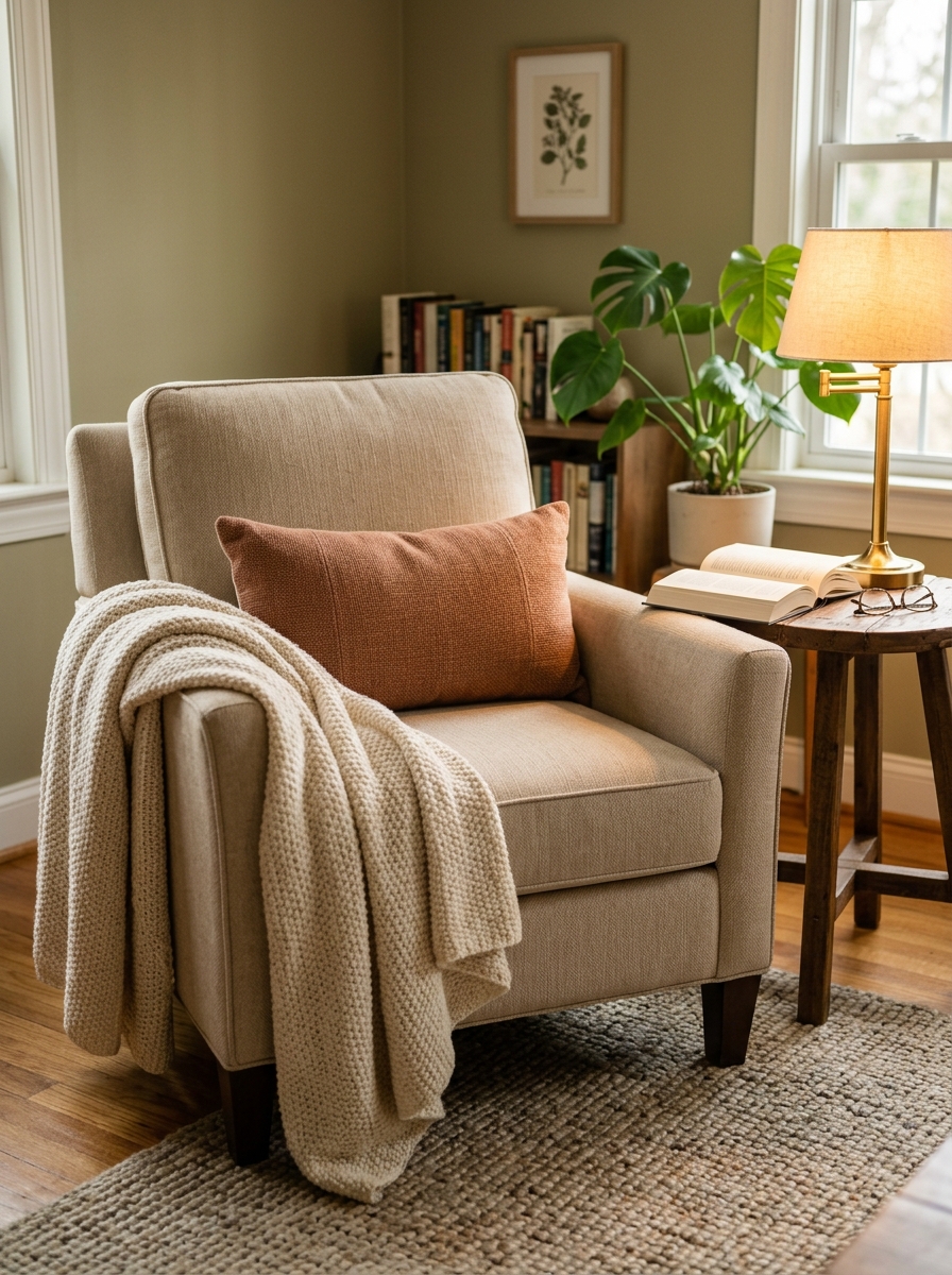 Library-style reading nook with cognac leather chair, floor-to-ceiling bookshelves, aged brass floor lamp, small wood side table, muted rug, and warm evening light