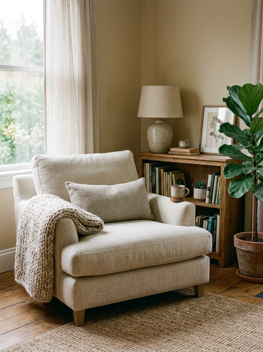 Cozy reading chair styled with warm beige upholstery, muted rust lumbar pillow, cream knit blanket, side table with book, reading lamp, and textured rug