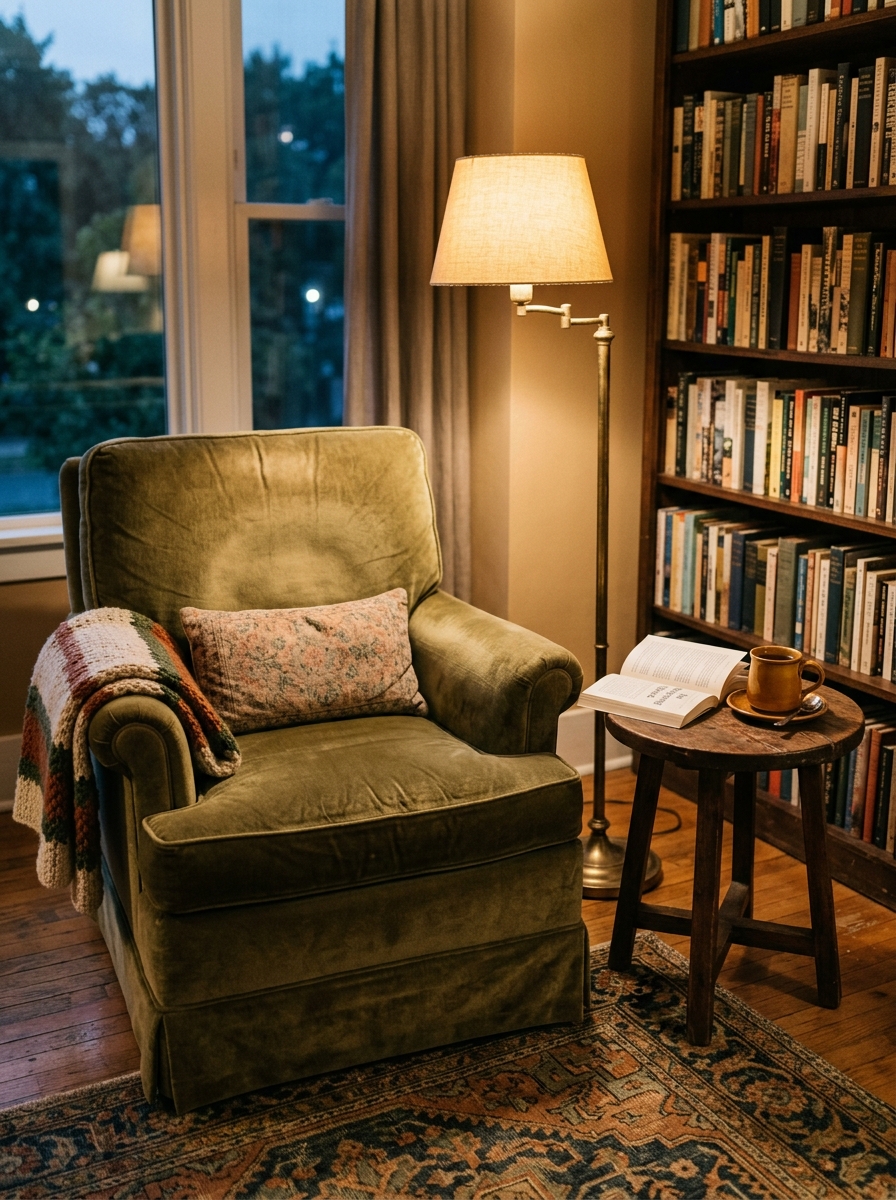 Modern reading nook with rounded ivory boucle chair, walnut side table, sculptural floor lamp, beige walls, textured rug, books, and linen curtains