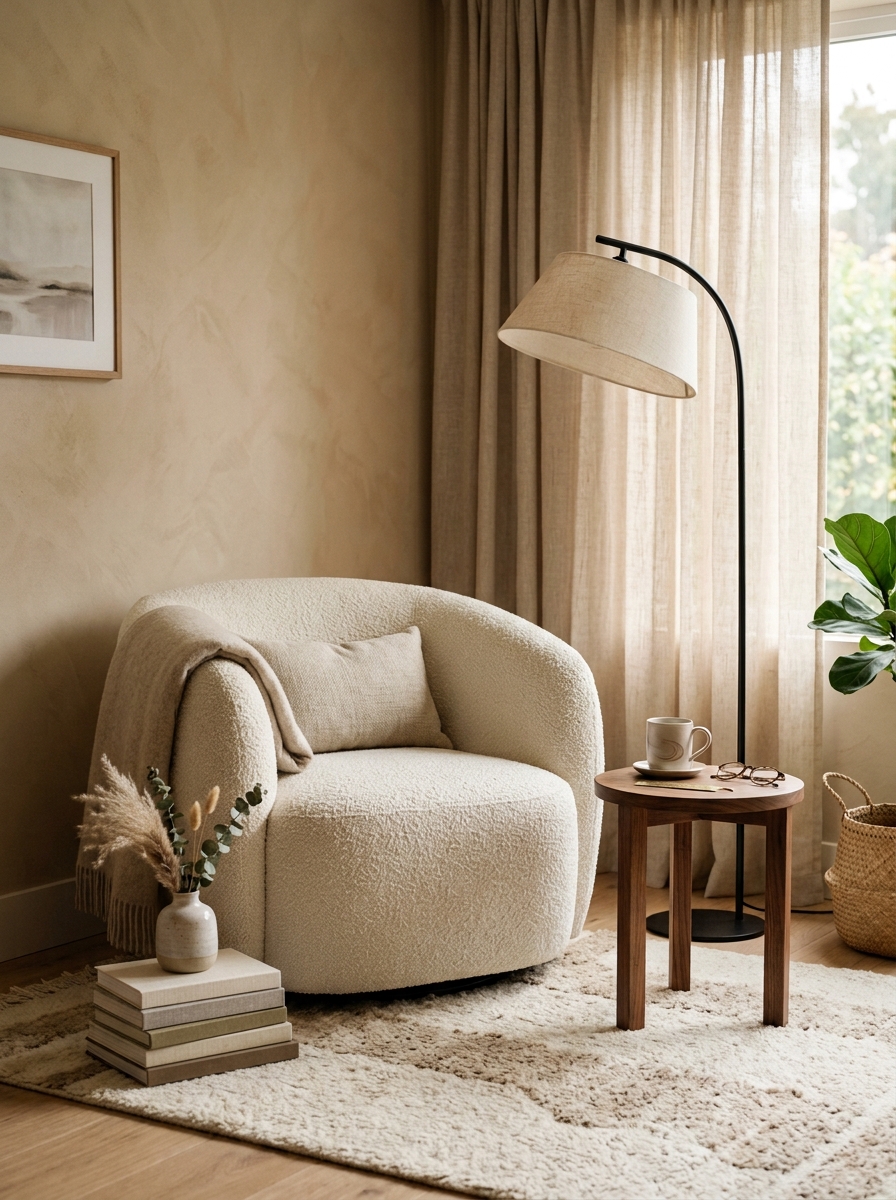 Cozy reading nook with deep olive green velvet armchair, dark wood bookcase, brass floor lamp, round side table, book, tea cup, and muted patterned rug