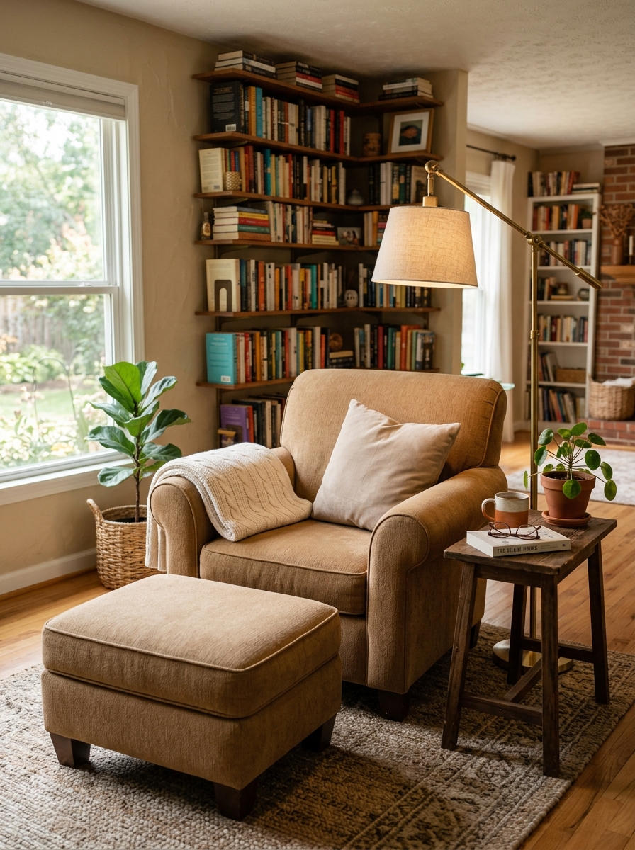 Cozy swivel reading chair beside large window with warm taupe rounded chair, oak side table, slim floor lamp, sheer curtains, pale rug, and basket of books