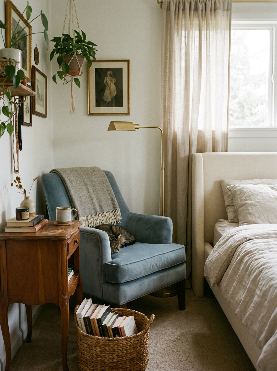 Cozy reading chair with matching camel upholstered ottoman, tall reading lamp, narrow side table, cream throw, neutral rug, and wall bookshelf