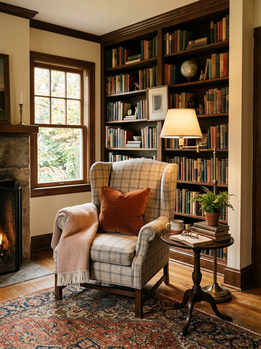 Classic reading nook with warm beige wingback chair, built-in bookcase, antique brass reading lamp, dark wood table, wool rug, and folded throw