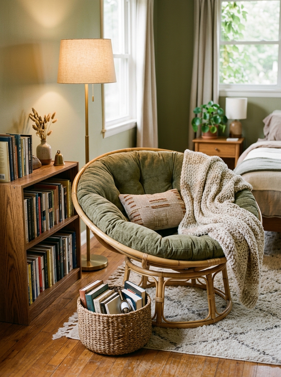 Relaxed papasan-style reading nook with large round woven chair, thick muted olive cushion, soft throw, small pillow, low bookcase, floor lamp, and book basket