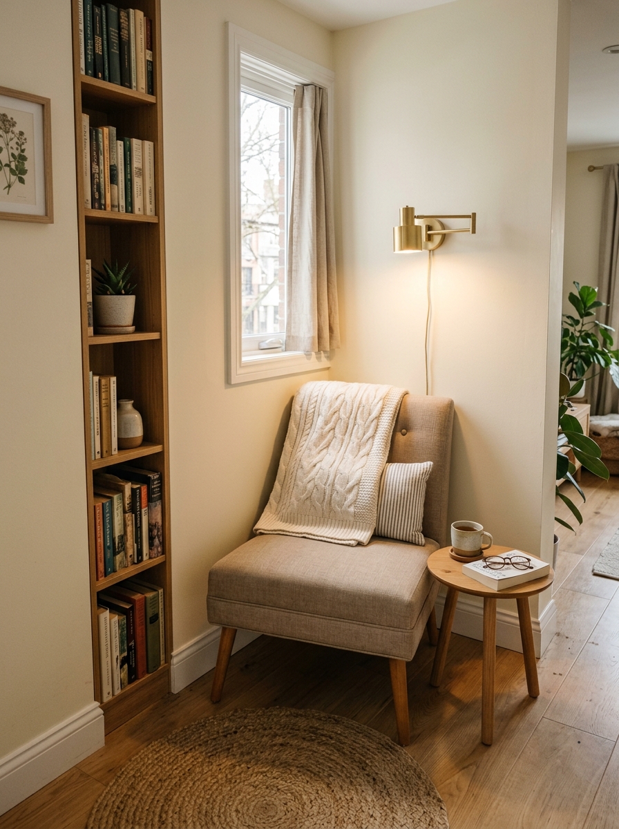Compact reading chair in small apartment corner with slim light brown upholstery, wooden legs, tiny round side table, wall reading light, narrow bookshelf, and neutral rug