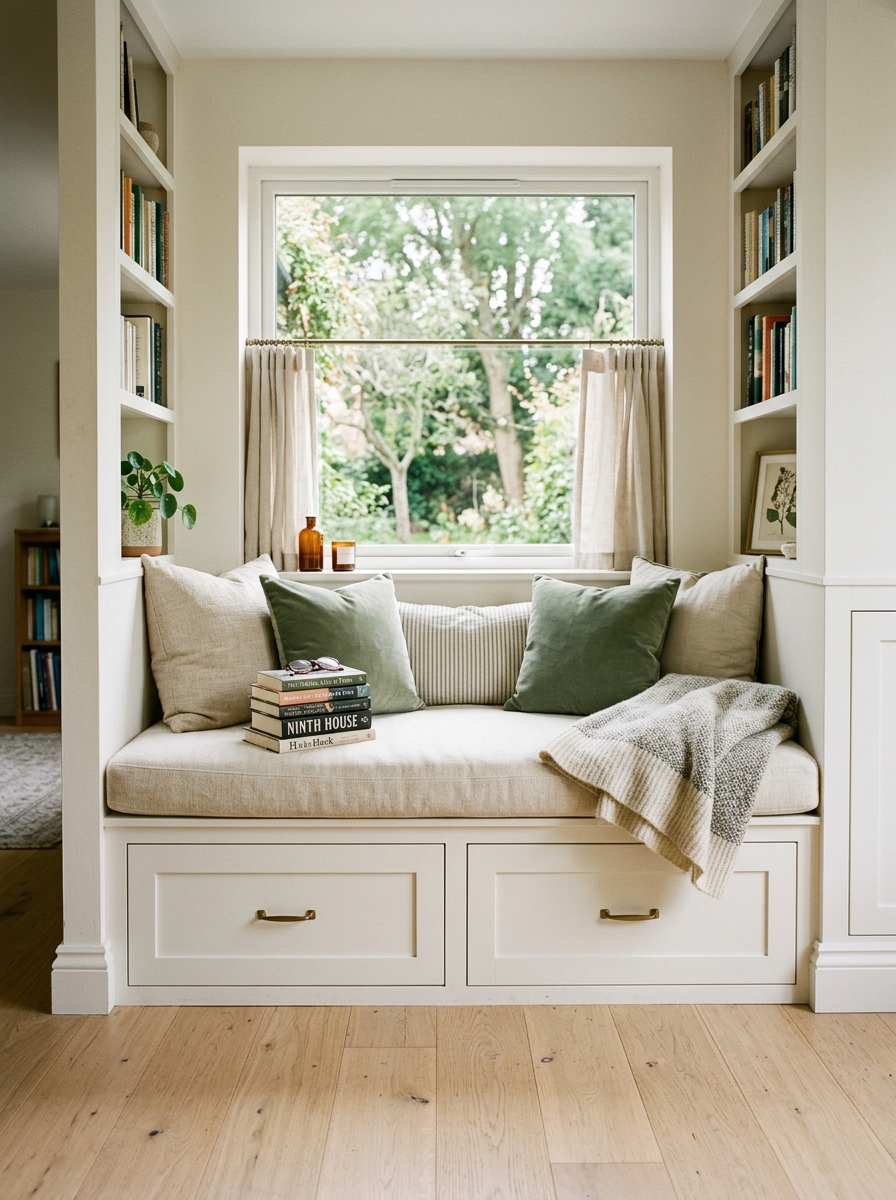 Classic built-in window seat reading nook with cream cushion, oatmeal and sage pillows, drawers, pale wood flooring, books, and soft daylight