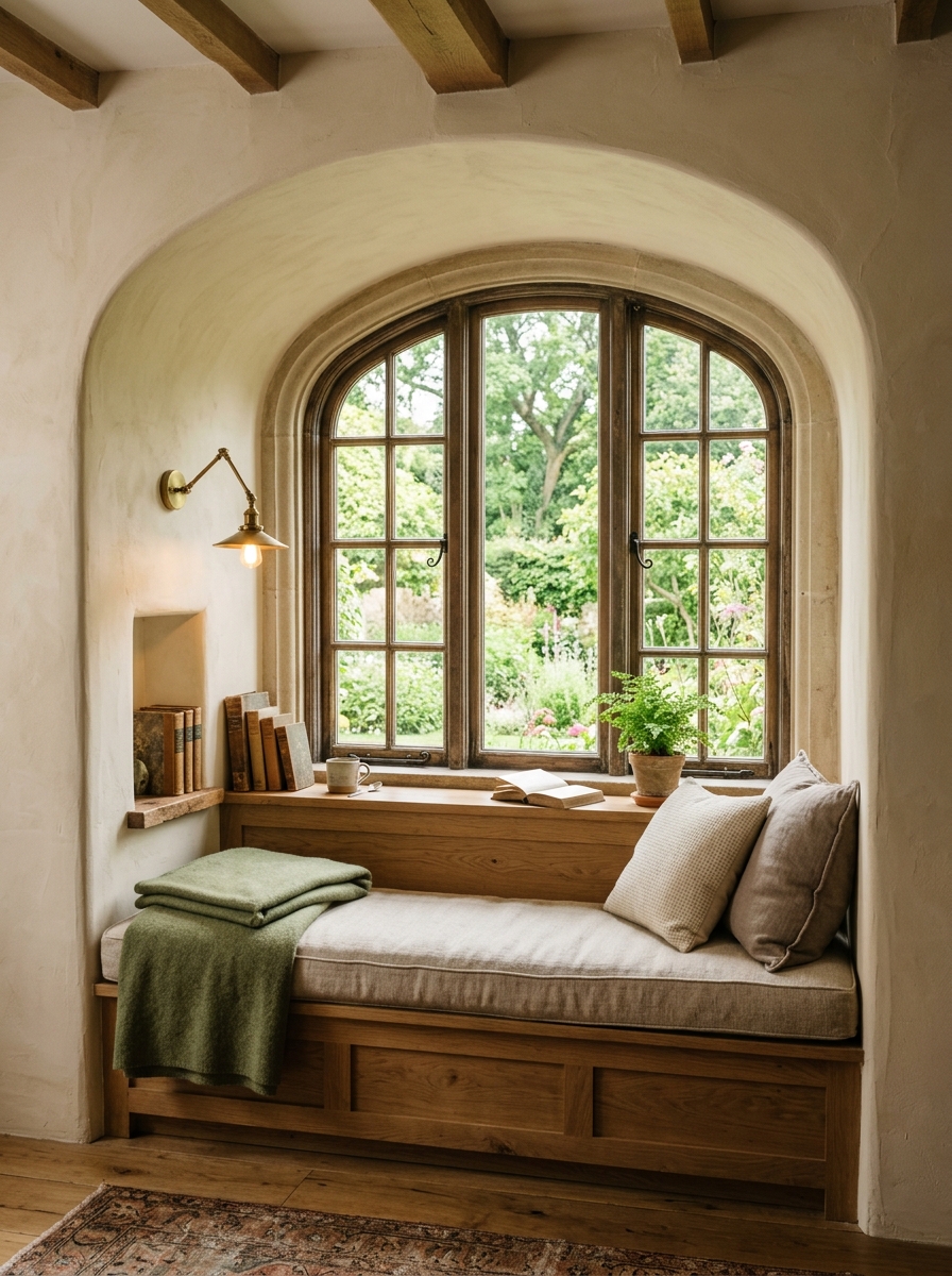 Arched window reading nook with built-in bench, tall arched window, ivory plaster walls, linen cushion, taupe pillows, brass wall light, and greenery outside