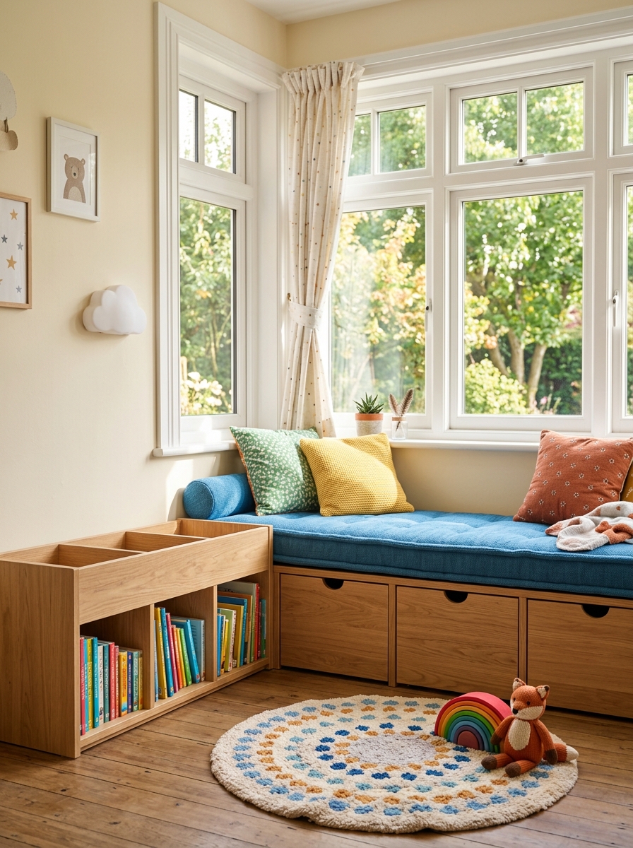 Kids' window reading nook with low built-in bench, sunny window, washable blue cushion, colorful green yellow and rust pillows, low book cubbies, drawers, and soft rug