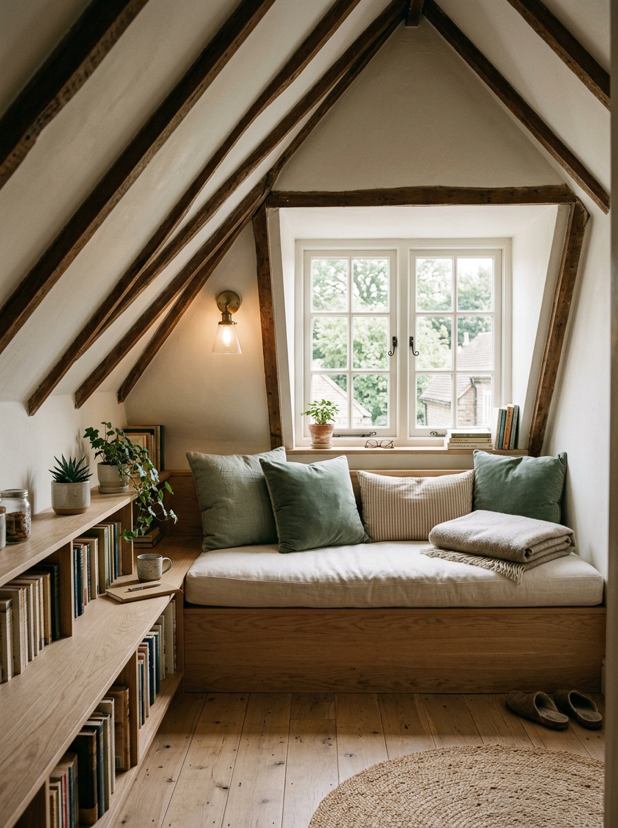 Attic window reading nook under a sloped ceiling with low bench beneath dormer window, cream cushion, dusty green pillows, low shelves, pale wood floor, and wall sconce