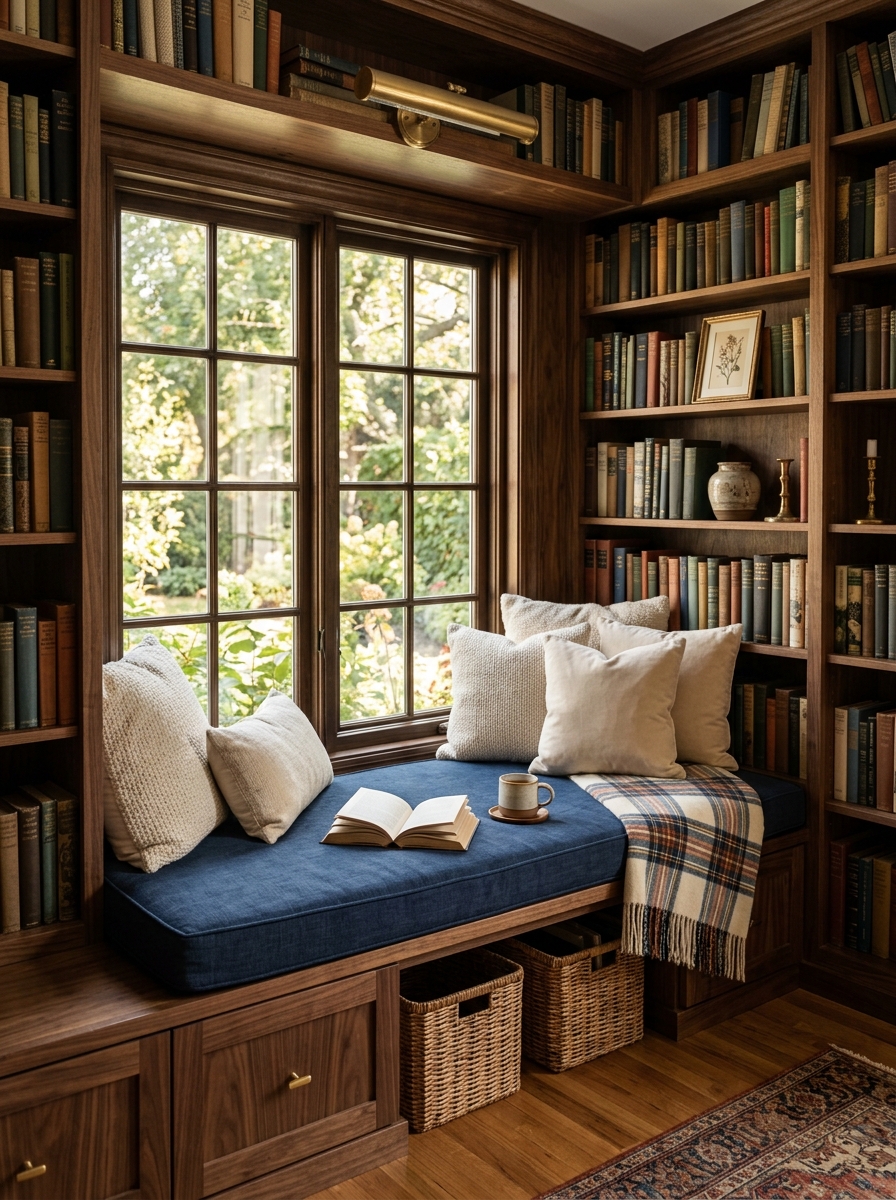 Library window seat reading nook with walnut bookshelves, window bench, navy cushion, cream pillows, brass picture light, lower cabinet storage, and warm filtered daylight