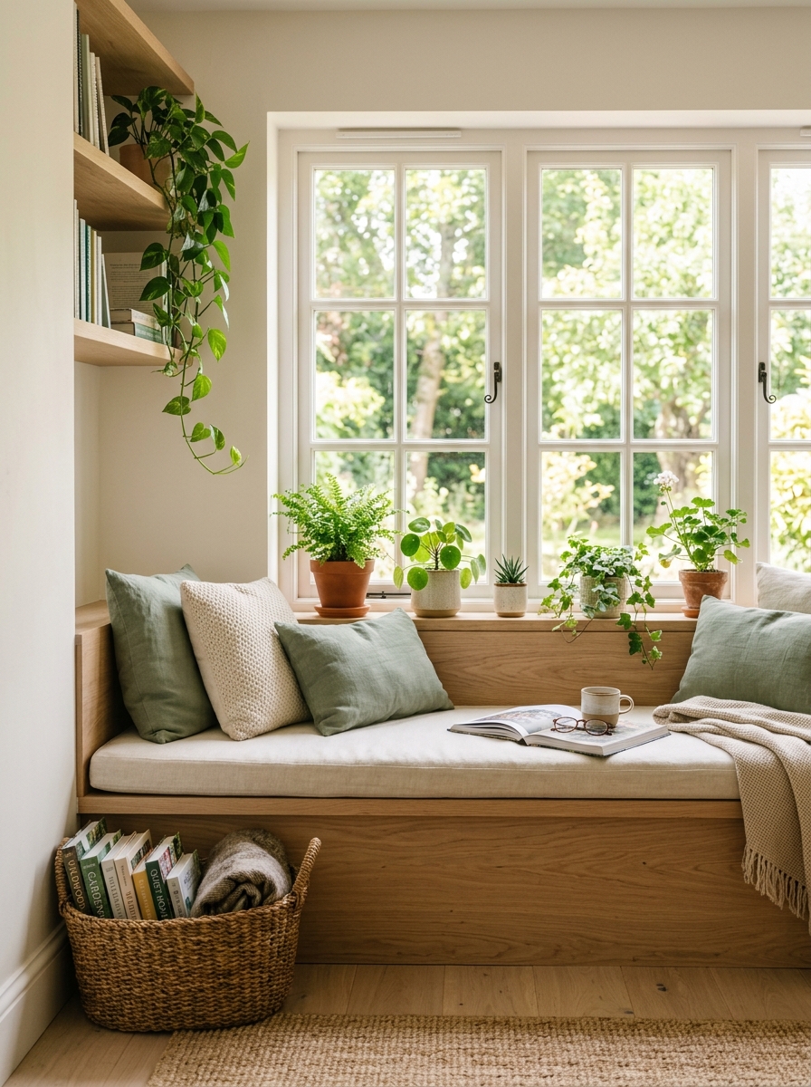 Plant-filled window reading nook with built-in bench, cream cushion, green pillows, plants on windowsill, trailing plant on shelf, woven basket with books, and oak accents