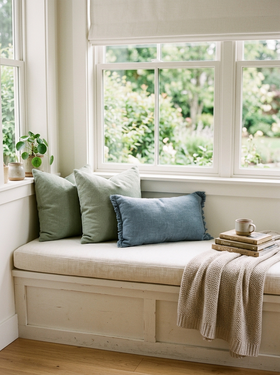 Window reading nook focused on cushion and pillow styling with fitted cream cushion, sage pillows, dusty blue lumbar pillow, oatmeal throw, books, white walls, and daylight