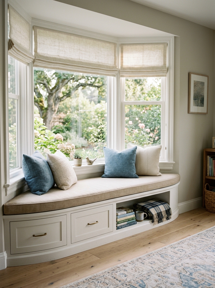 Bay window reading nook with built-in bench following the window shape, beige cushion, muted blue and cream pillows, lower storage drawers, Roman shades, and books
