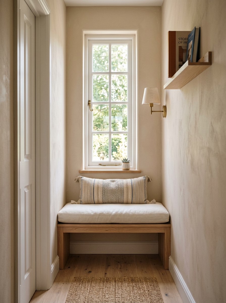 Narrow window bench reading nook with tall window, warm white cushion, long lumbar pillow, wall sconce, shallow floating shelf with books, beige walls, and pale wood floor