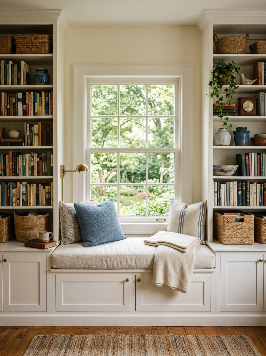 Window reading nook framed by built-in bookshelves with cushioned bench, ivory bookcases, books, baskets, ceramics, cream cushion, dusty blue pillows, and cabinet storage