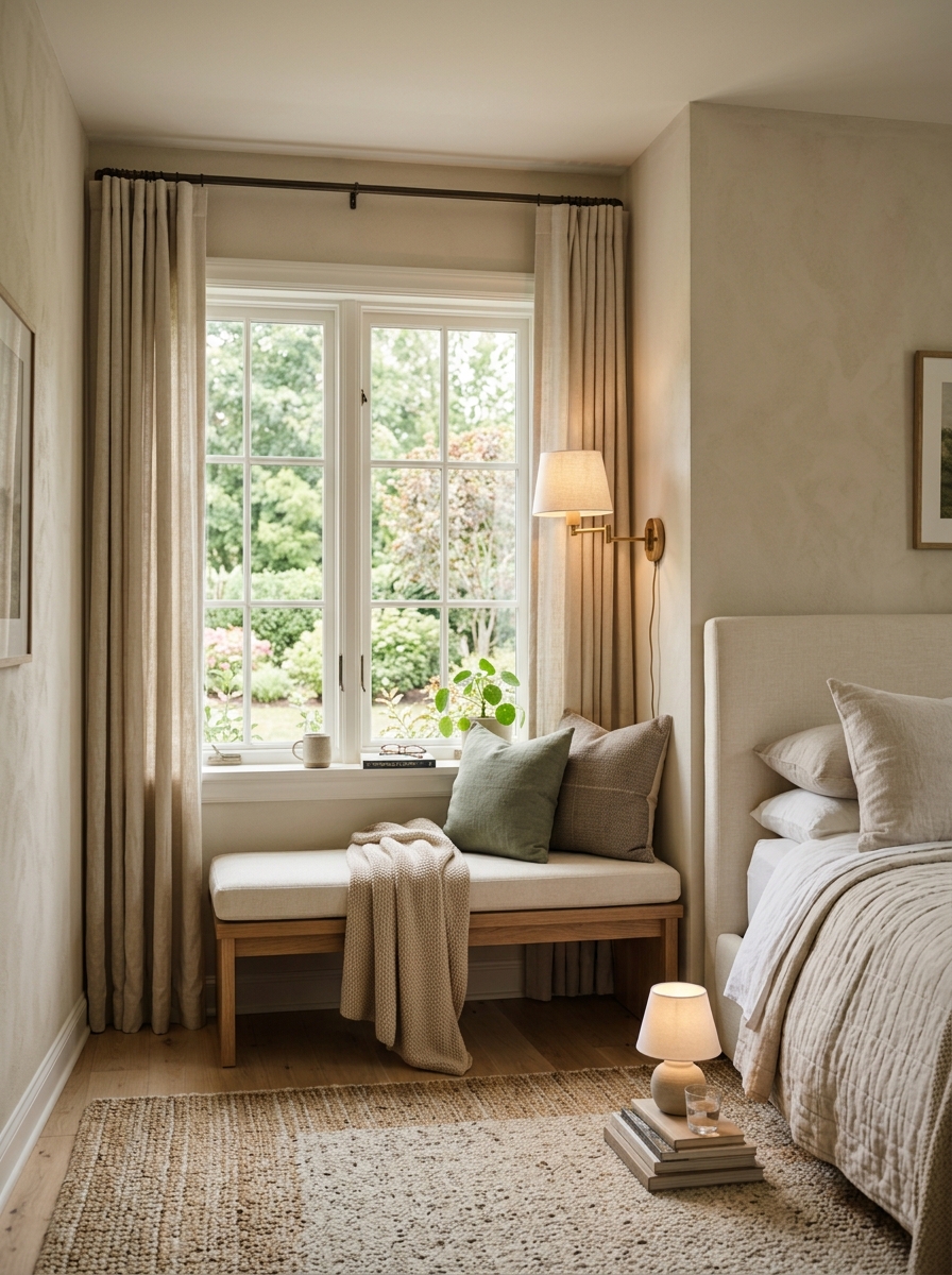 Bedroom window reading nook with small cushioned bench, cream cushion, sage and taupe pillows, throw, plug-in brass sconce, upholstered bed, curtains, and light wood nightstand