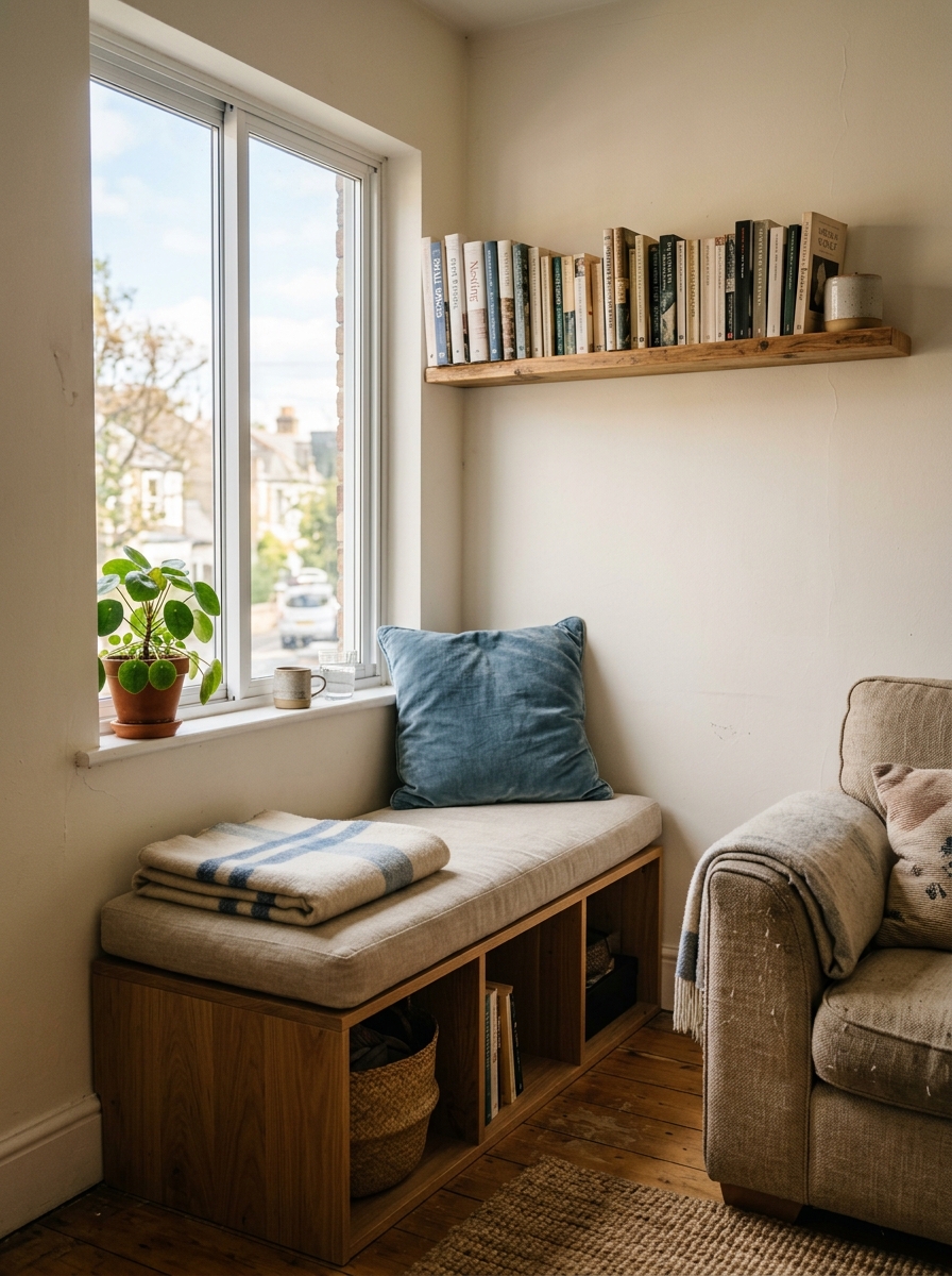 Small apartment window reading nook with compact low storage bench, oatmeal cushion, dusty blue pillow, floating shelf with books, windowsill plant, and beige sofa nearby