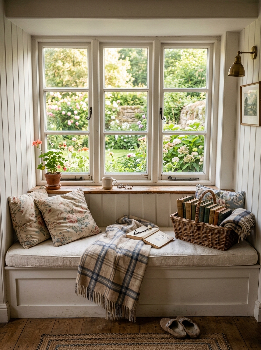 Cozy cottage window seat reading nook with white built-in bench, divided-pane window, cream cushion, faded floral pillows, checked throw, beadboard detail, and basket of books