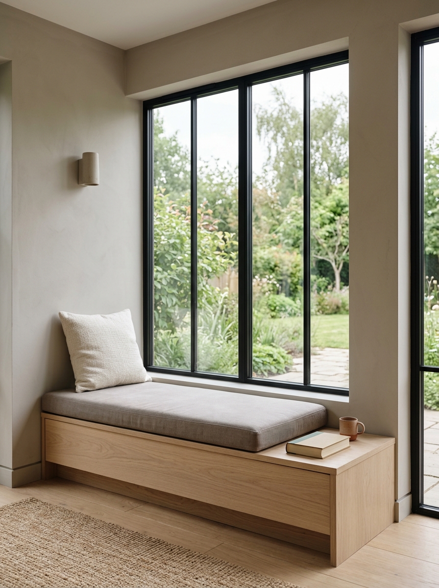 Modern minimalist window reading nook with pale oak built-in bench, black-framed window, warm gray cushion, cream pillow, side ledge with book, and neutral walls