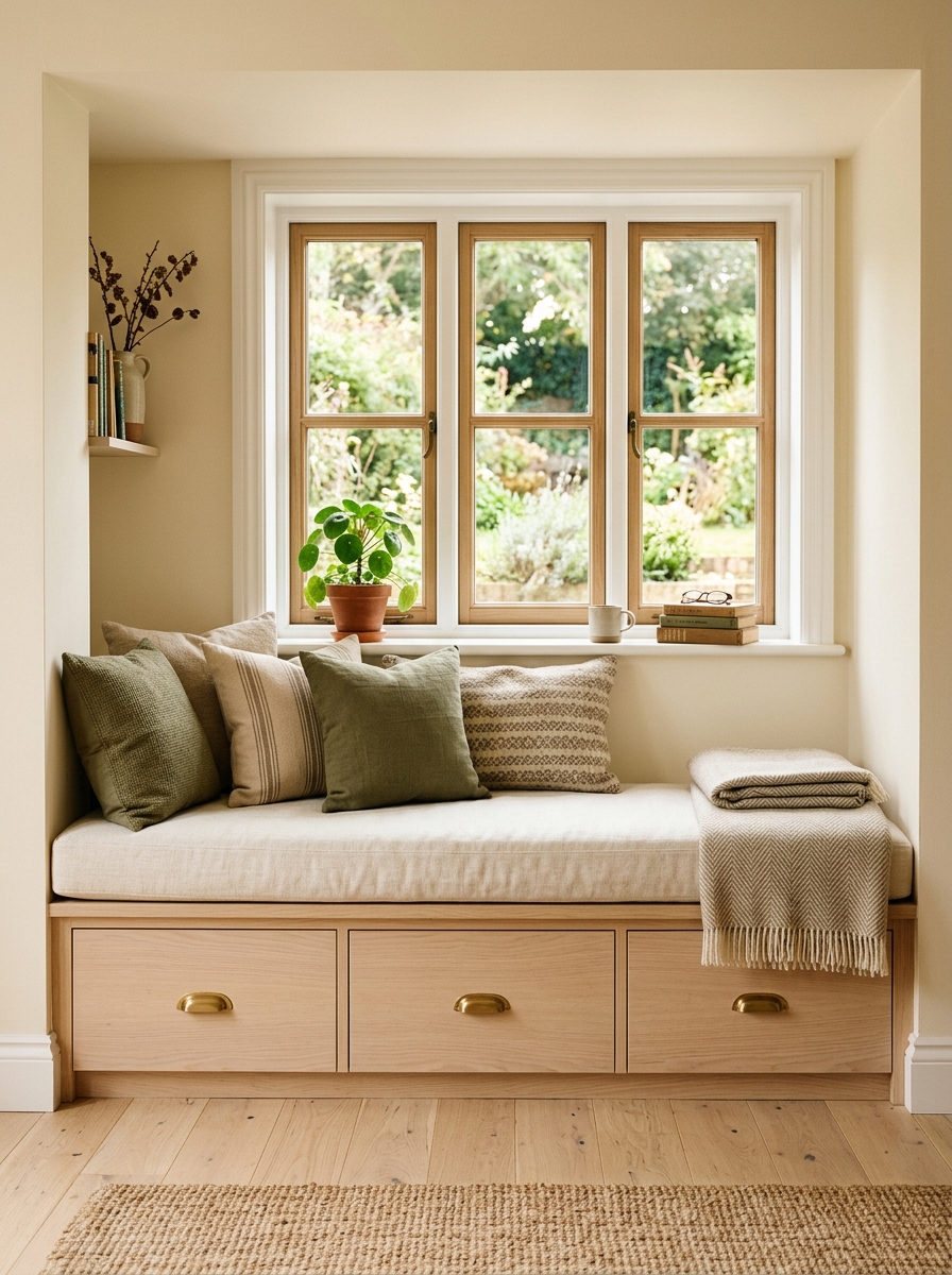 Window reading nook with built-in storage drawers, wide bench, three lower drawers with brass pulls, cream cushion, olive and beige pillows, and folded throw