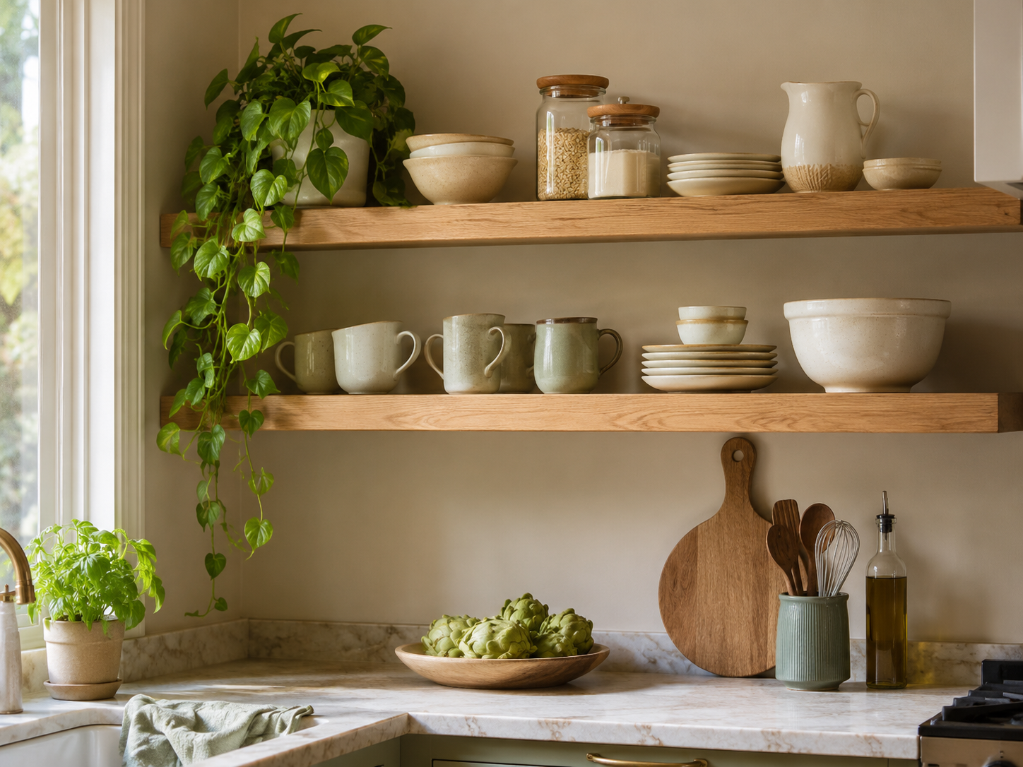 Pale oak open kitchen shelves styled with cream bowls, ceramic mugs, small plates, jars, and a trailing plant