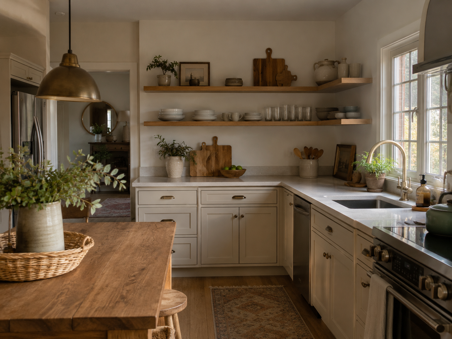 Warm neutral cozy kitchen with cream cabinets, light stone counters, pale oak shelves, muted sage accents, plant, ceramics, and wooden cutting boards