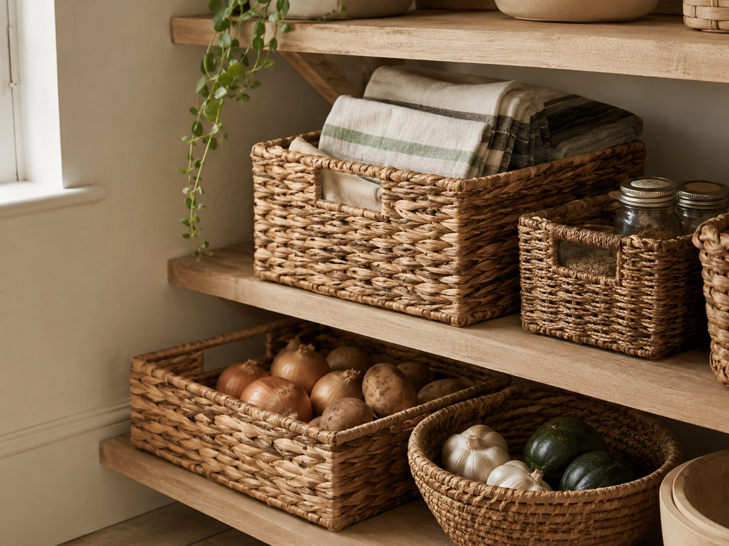 Kitchen storage detail with woven baskets on open shelves holding linen towels, produce, and jars