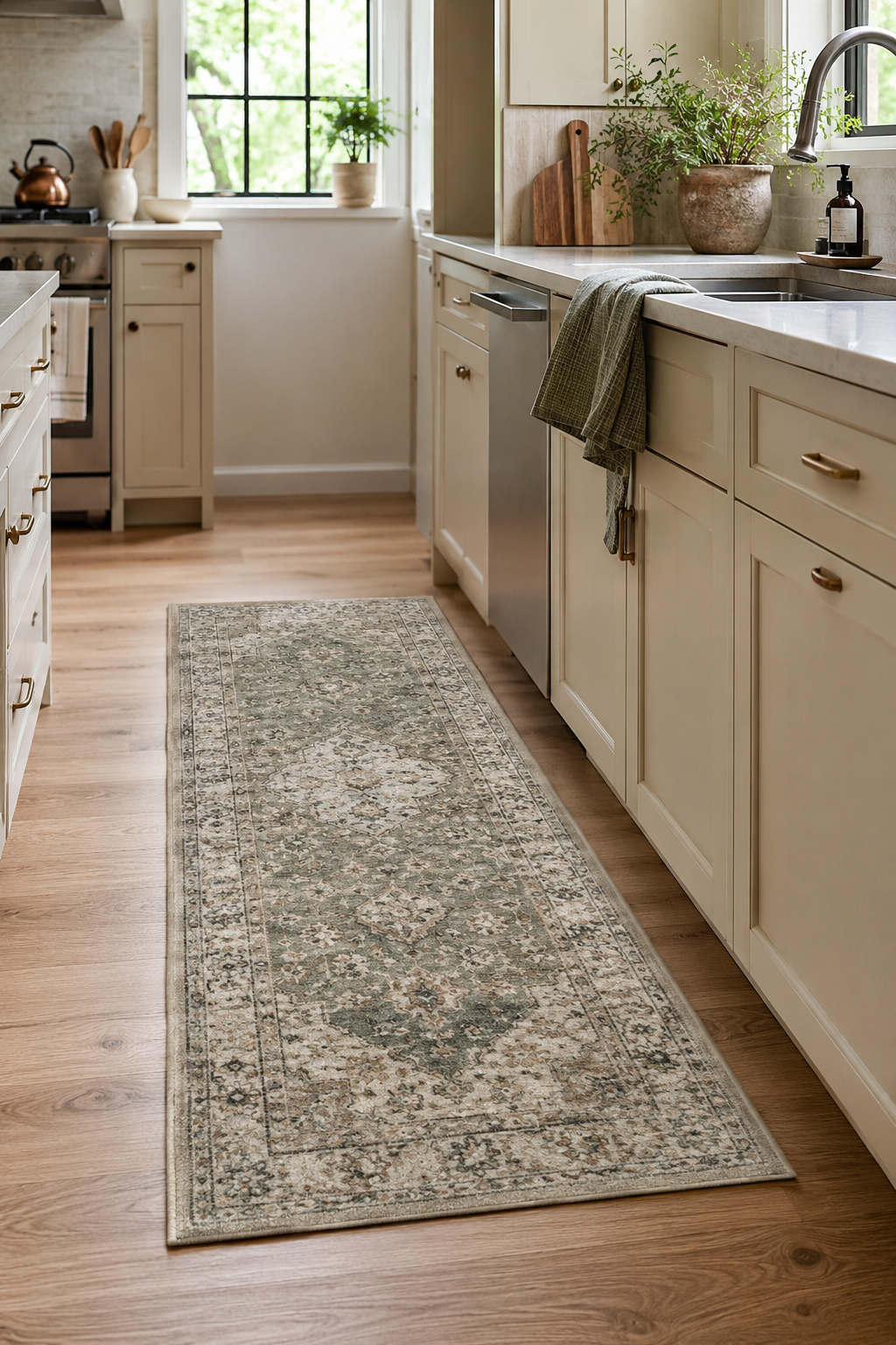 Kitchen floor with a soft runner rug, cream cabinets, pale oak flooring, light stone counters, and muted sage decor