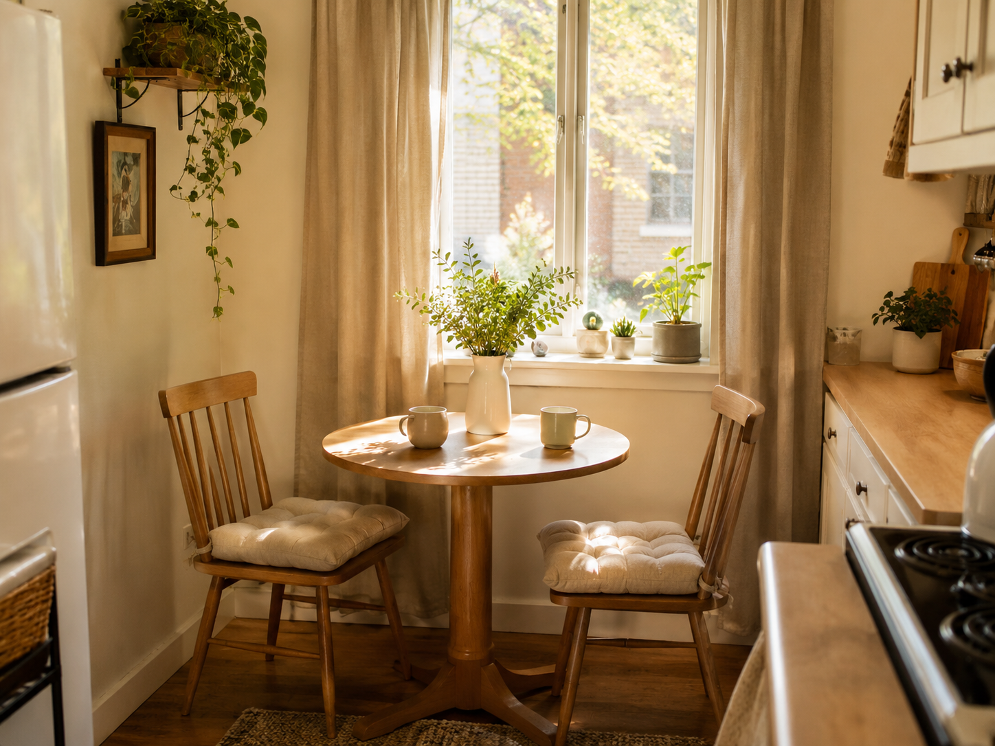 Small cozy kitchen breakfast nook with round table, two chairs, cushions, vase with greenery, mugs, and warm morning light