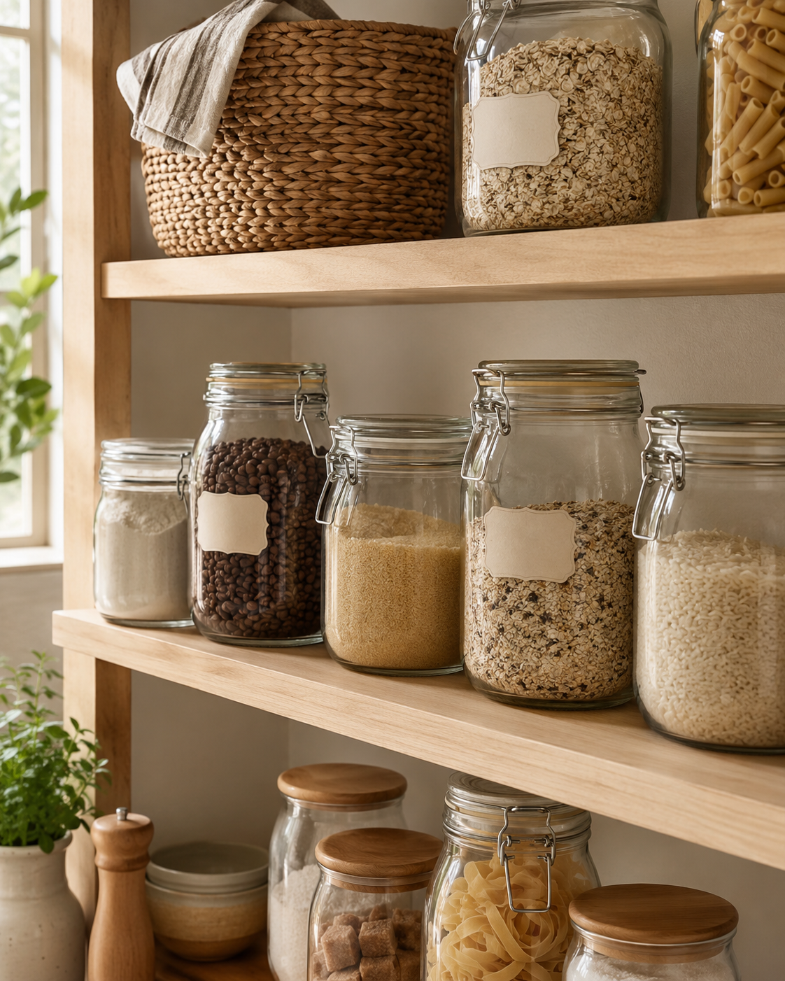Cozy kitchen pantry shelf with glass jars filled with dry goods, woven basket, cream wall, and warm daylight
