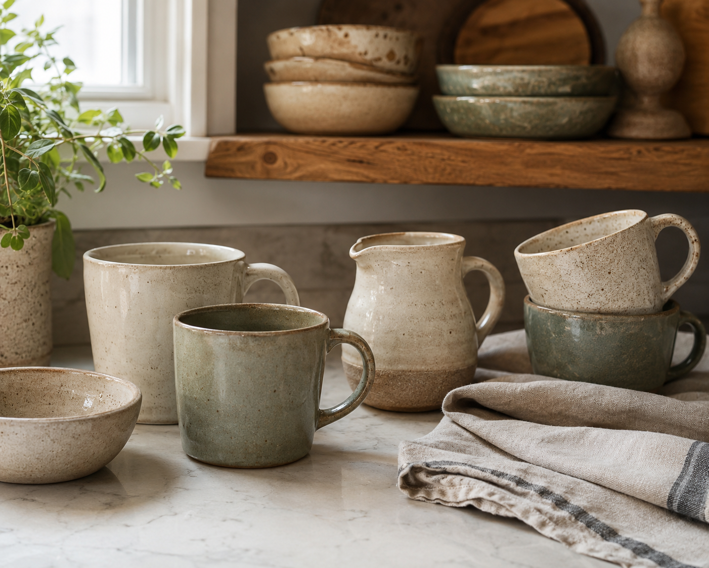 Close-up of handmade ceramic mugs, bowls, and pitcher in cream, clay, sage, and stone tones with linen towel and plant nearby