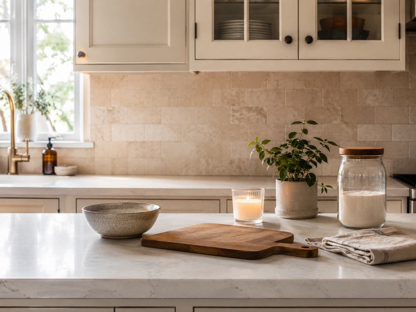 Wide kitchen counter with useful decor including cutting board, ceramic bowl, candle, plant, linen towel, and glass jar