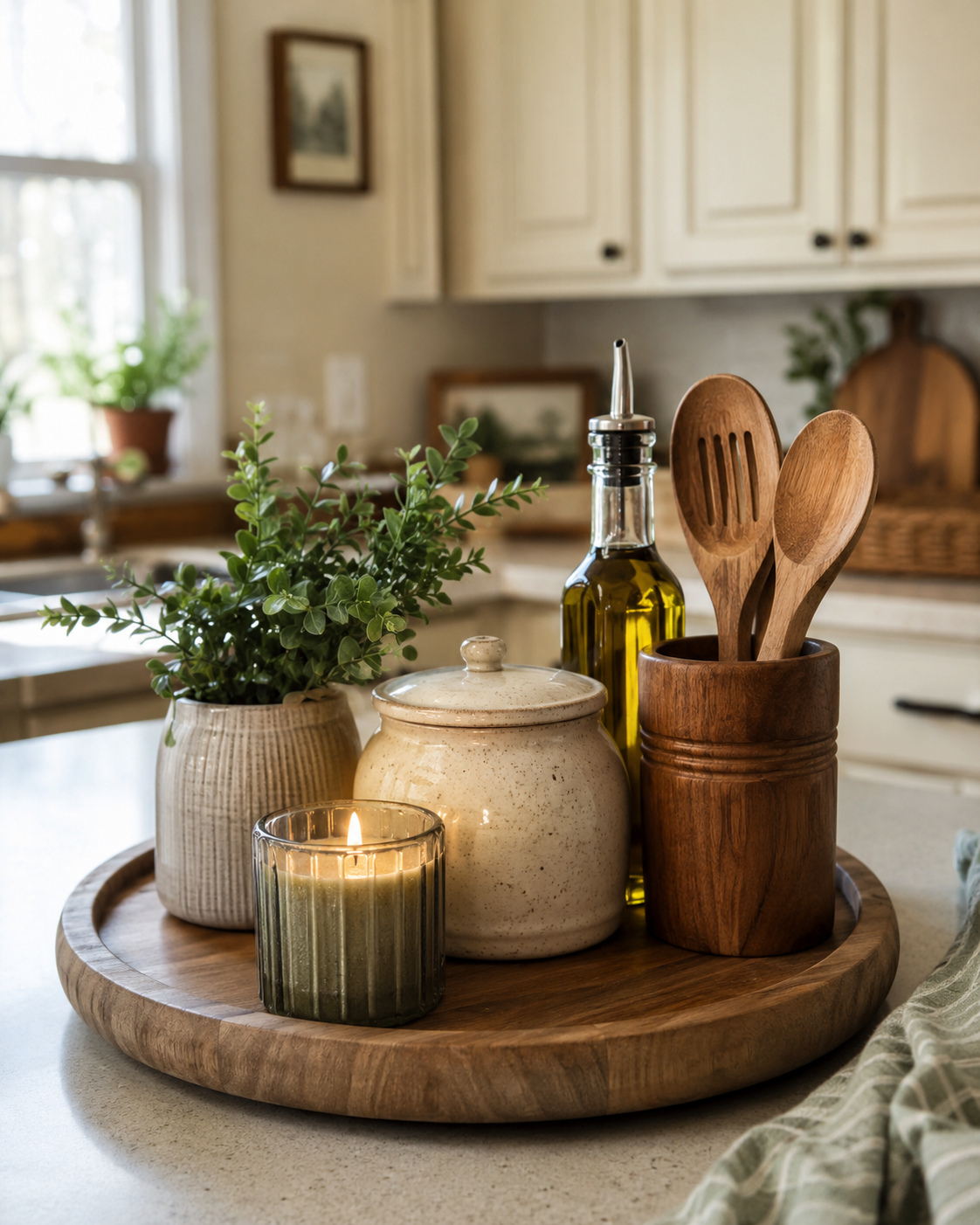 Cozy kitchen counter tray with candle, ceramic jar, olive oil bottle, wooden spoon holder, and tiny plant