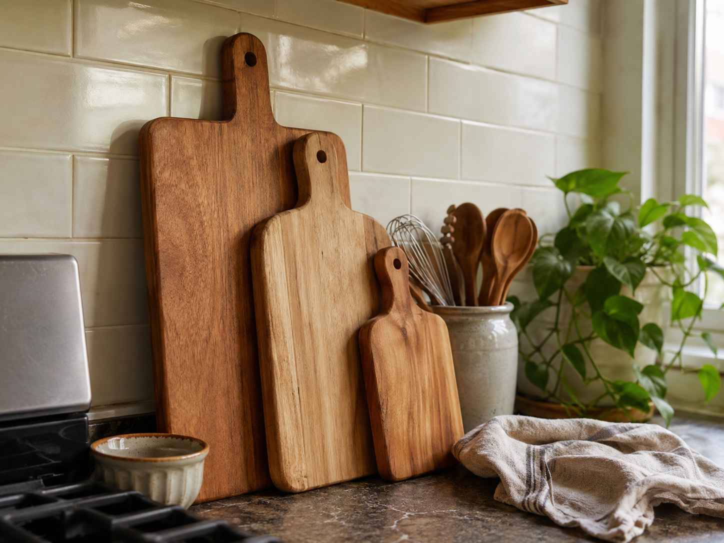 Wooden cutting boards leaning against a cream kitchen backsplash with utensil holder, plant, and linen towel nearby