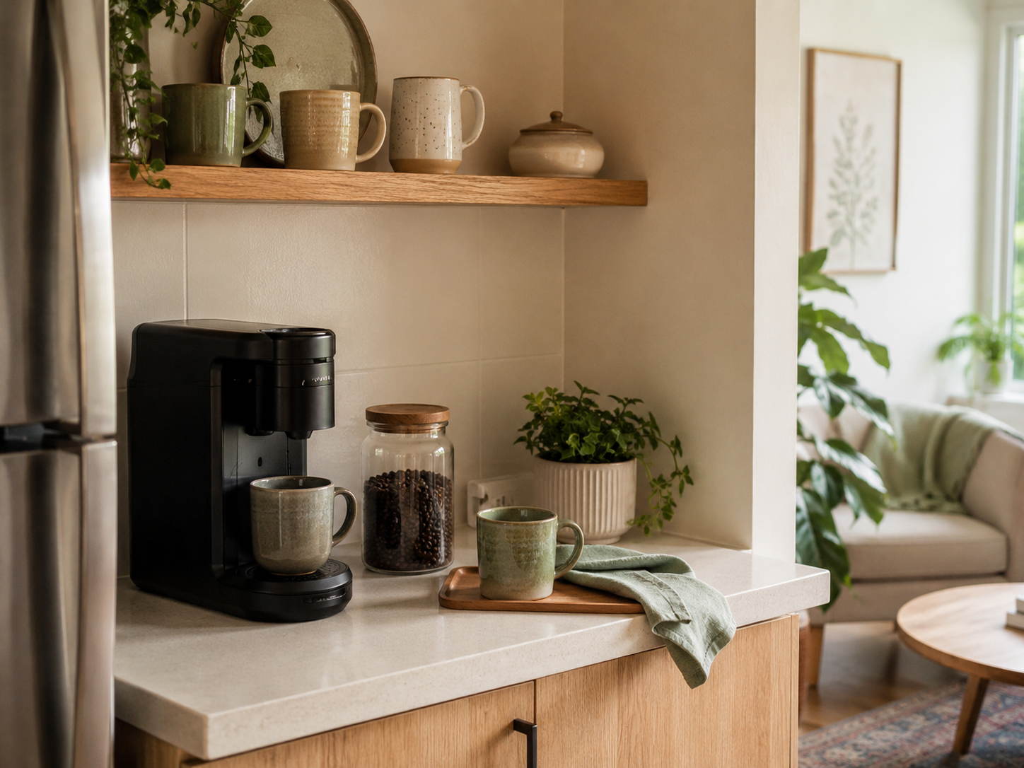 Small cozy kitchen coffee corner with compact coffee machine, ceramic mugs, coffee jar, tray, plant, and shelf above