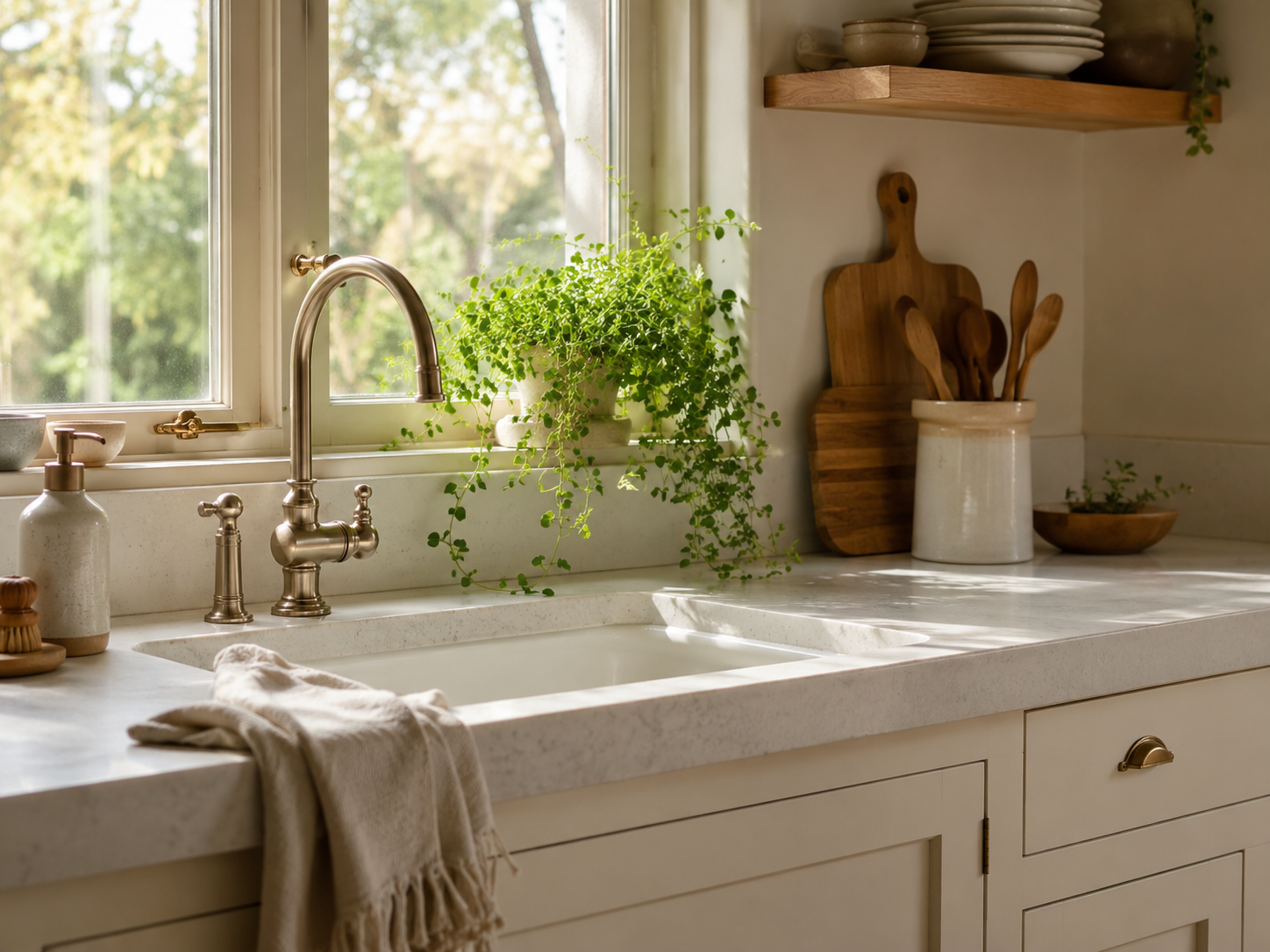 Cozy kitchen sink under a window with a small potted herb plant, ceramic soap dispenser, linen towel, and soft daylight