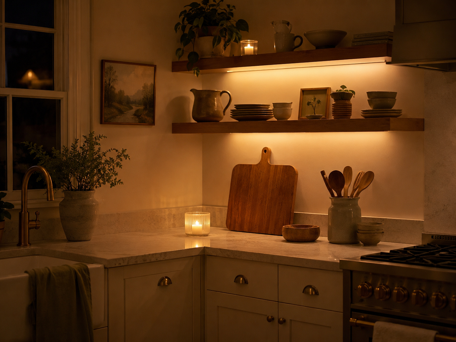 Evening kitchen counter with wooden shelves, warm under-shelf lighting, ceramics, candle, small plant, and utensils